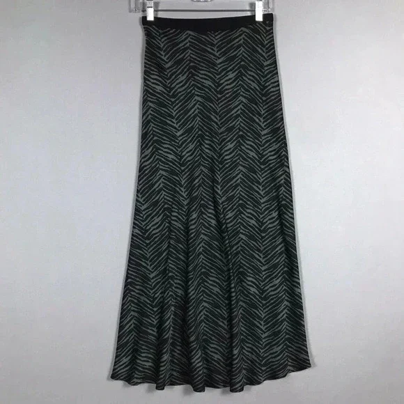 $299 ANINE BING Dolly Silk Skirt Zebra Print Size XS Midi Slit Willow Green Gray - Picture 6 of 16